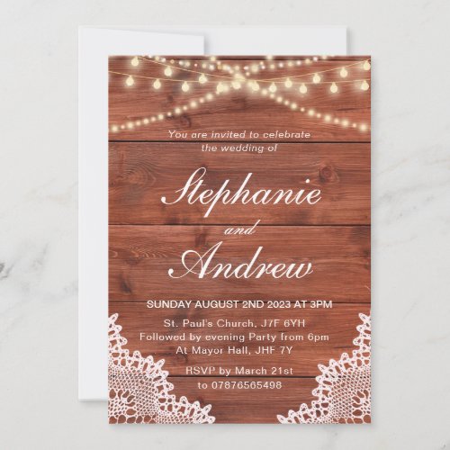 Rustic lace and fairy lights wedding invitation