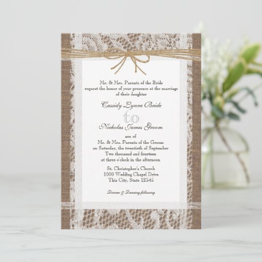 Rustic Lace and Jute Twine Wedding Invitation Zazzle