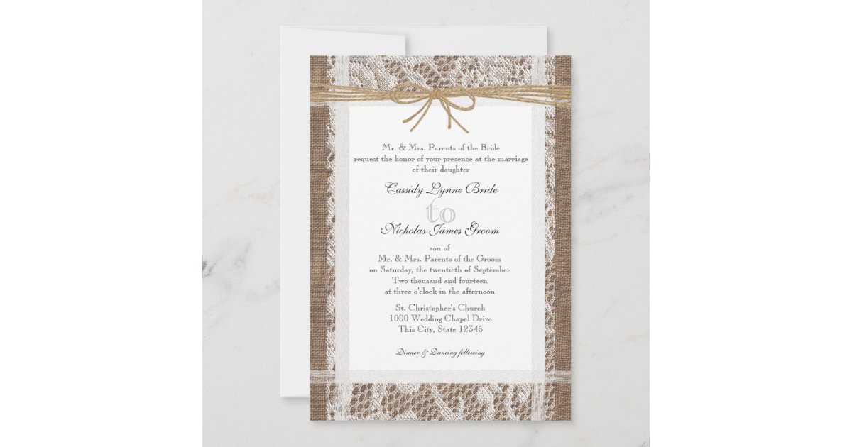 Rustic Lace and Jute Twine Wedding Invitation Zazzle