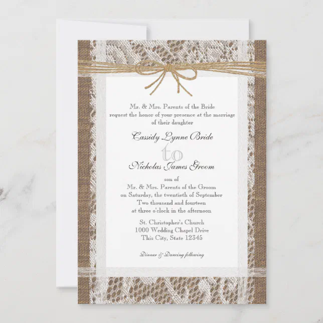 Rustic Lace and Jute Twine Wedding Invitation Zazzle