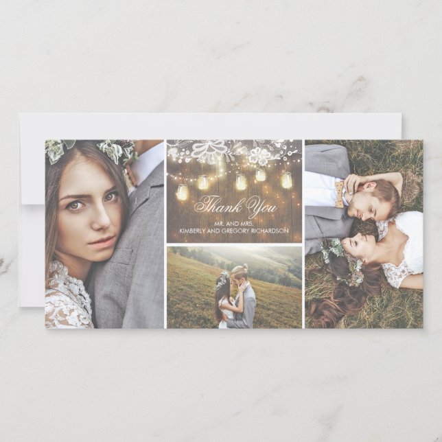 Rustic Lace and Mason Jar Lights Wedding Thank You (Front)