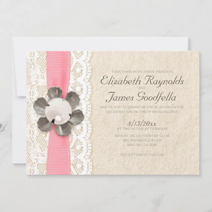 Rustic Lace And Pearls Wedding Invitations Zazzle