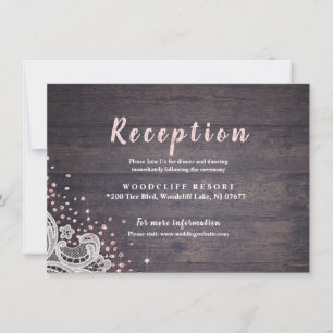 Rustic lace and wood blush glitter reception card