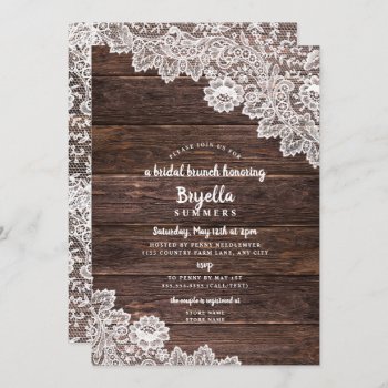 Rustic Lace And Wood Brunch Bridal Shower Invitation by lemontreeweddings at Zazzle