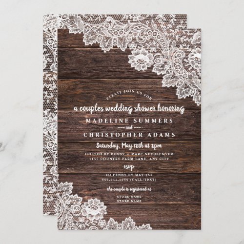 Rustic Lace and Wood couples wedding shower Invitation
