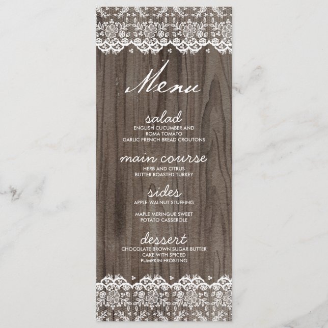 Rustic Lace and Wood Wedding Menu Cards (Front)