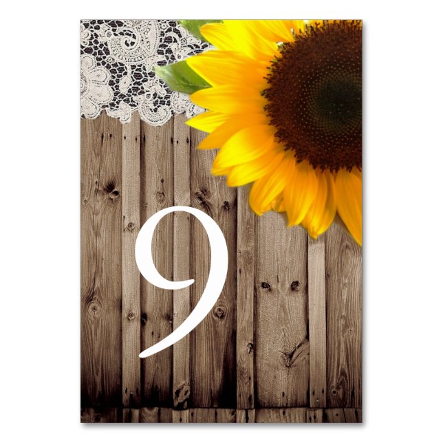 rustic lace barn wood sunflower country wedding table number (Front)