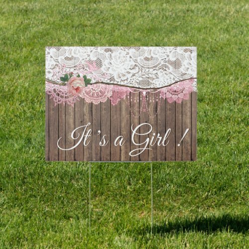 Rustic Lace Barnwood Its a Girl Baby Shower Yard Sign