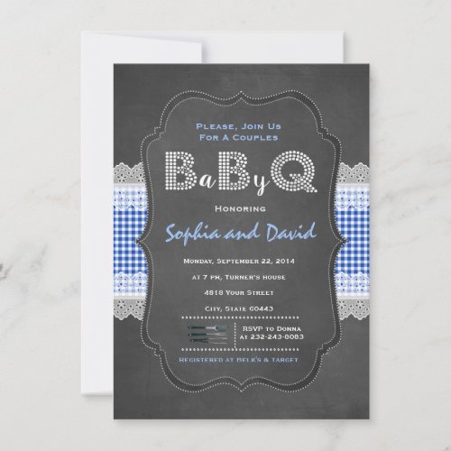 Rustic Lace Blue Gingham Chalkboard Baby Shower Invitation