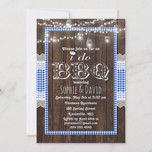 Rustic Lace Blue Gingham Old Wood I DO BBQ Invite