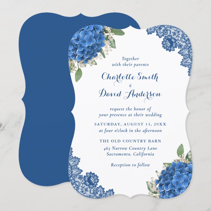 Rustic Lace Blue Hydrangea Wedding Invitations | Zazzle