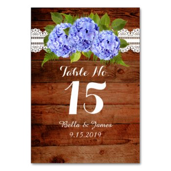 Rustic Lace Blue Hydrangea Wedding Table Card by FancyMeWedding at Zazzle