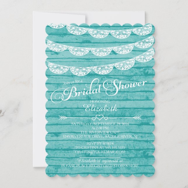 Rustic Lace & Blue Wood Bridal Shower Invitation (Front)