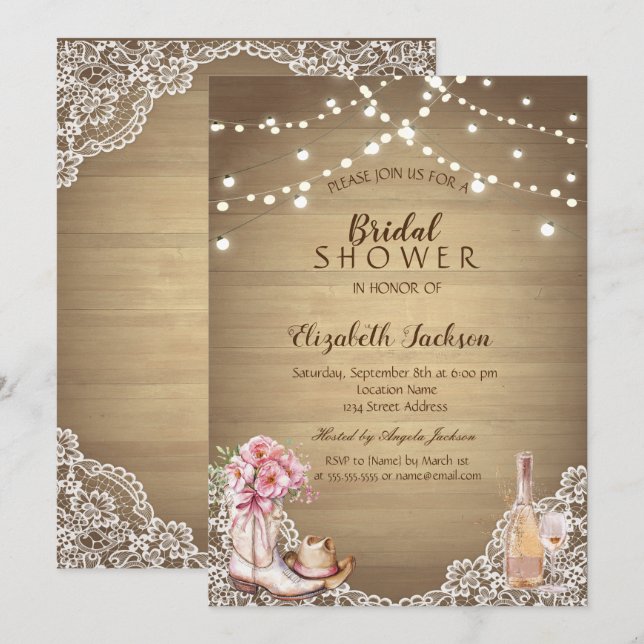 Rustic,Lace,Booots Flowers Wood Bridal Shower Invitation (Front/Back)
