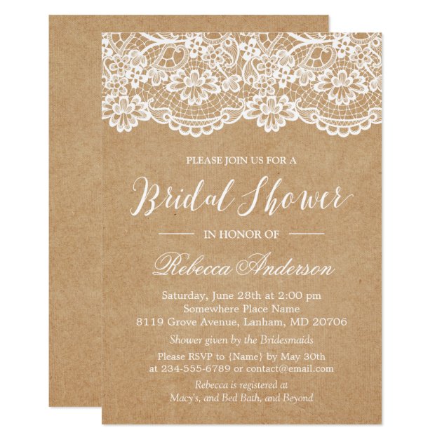 Rustic Lace Bridal Shower Script Linen Kraft Invitation