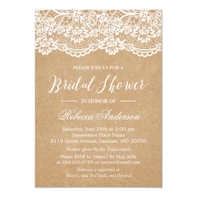 Rustic Lace Bridal Shower Script Linen Kraft Invitation
