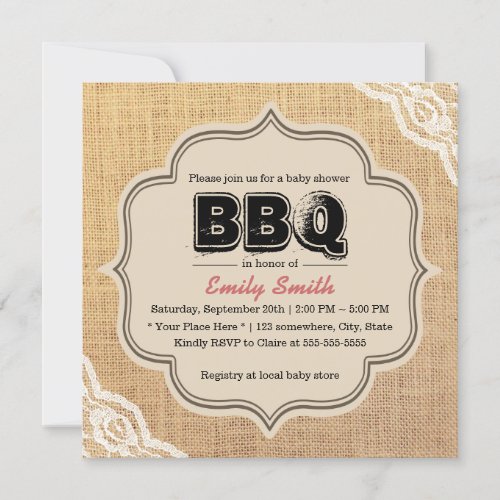 Rustic Lace  Burlap Baby Shower BBQ Party Invitation