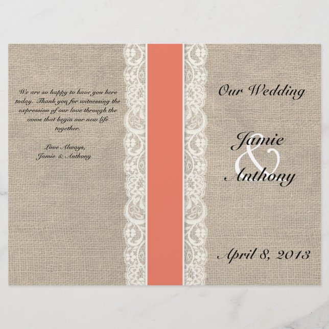Rustic Lace & Burlap Coral Ribbon Wedding Program (Front)