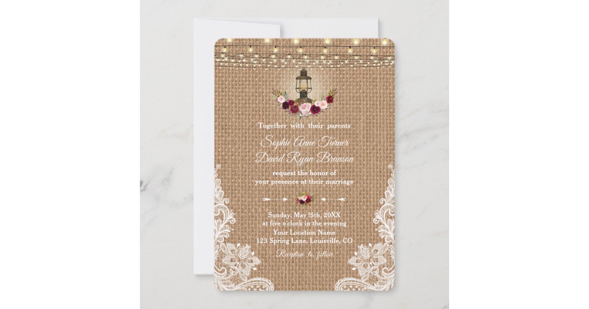Rustic Lace Burlap Lantern String Lights Wedding Invitation | Zazzle