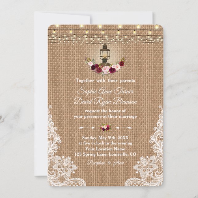 Rustic Lace Burlap Lantern String Lights Wedding Invitation (Front)