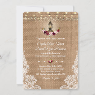 Rustic Lace Burlap Lantern String Lights Wedding Invitation