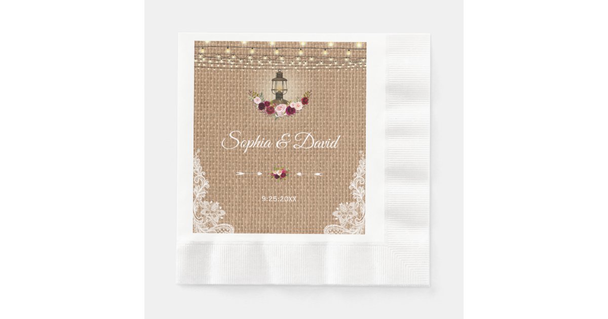 Rustic Lace Burlap Lantern String Lights Wedding Paper Napkins | Zazzle