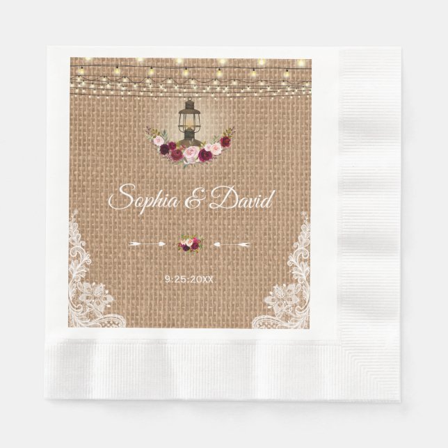 Rustic Lace Burlap Lantern String Lights Wedding Paper Napkins (Front)