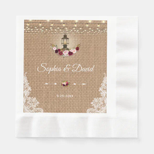 Rustic Lace Burlap Lantern String Lights Wedding Paper Napkins | Zazzle