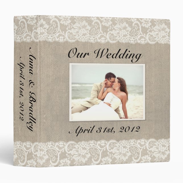Rustic Lace & Burlap Look Wedding Album Binder (Front/Spine)