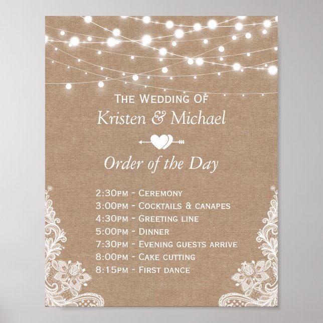 Rustic Lace Burlap Order of The Day Wedding Sign (Front)