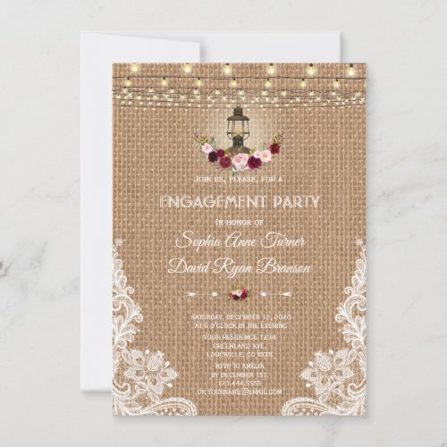Rustic Lace Burlap String lights Engagement Party Invitation