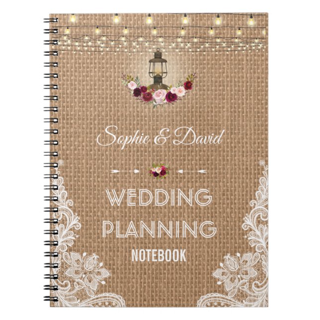 Rustic Lace Burlap String Lights Wedding Planner Notebook (Front)
