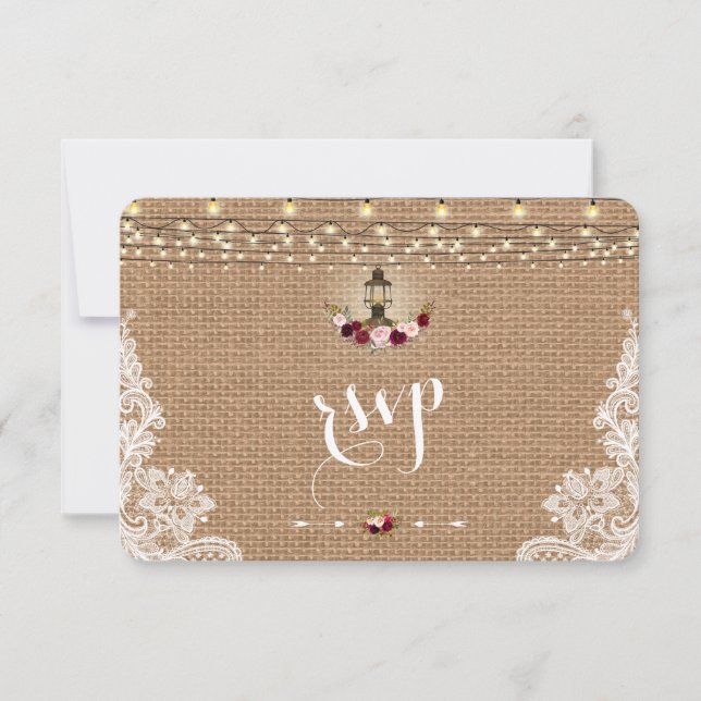 Rustic Lace Burlap String Lights Wedding RSVP Card (Front)
