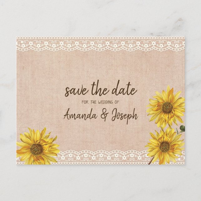 Rustic Lace & Burlap Sunflowers Save the Date Announcement Postcard (Front)