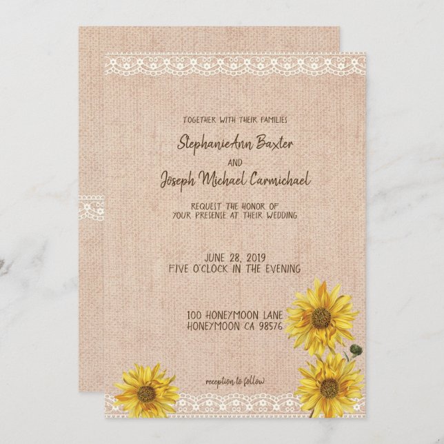 Rustic Lace & Burlap Sunflowers Wedding Card (Front/Back)