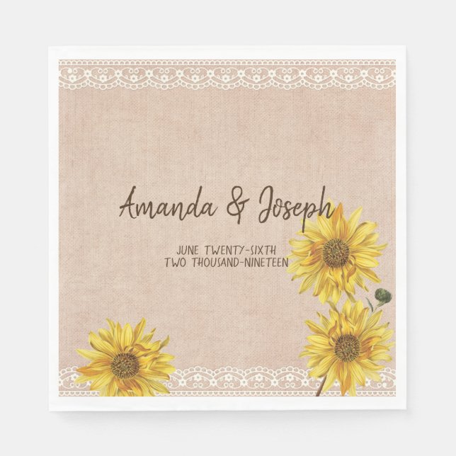 Rustic Lace & Burlap Sunflowers Wedding Napkins (Front)