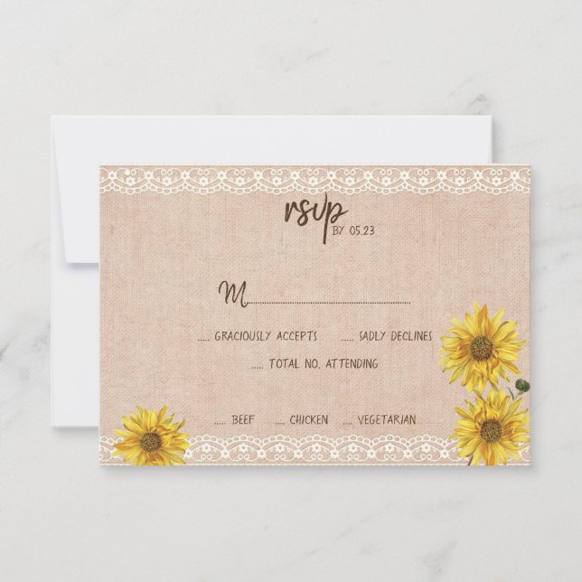 Rustic Lace & Burlap Sunflowers Wedding RSVP Card (Front)