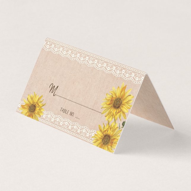 Rustic Lace & Burlap Sunflowers Wedding Table No. Business Card (Front)