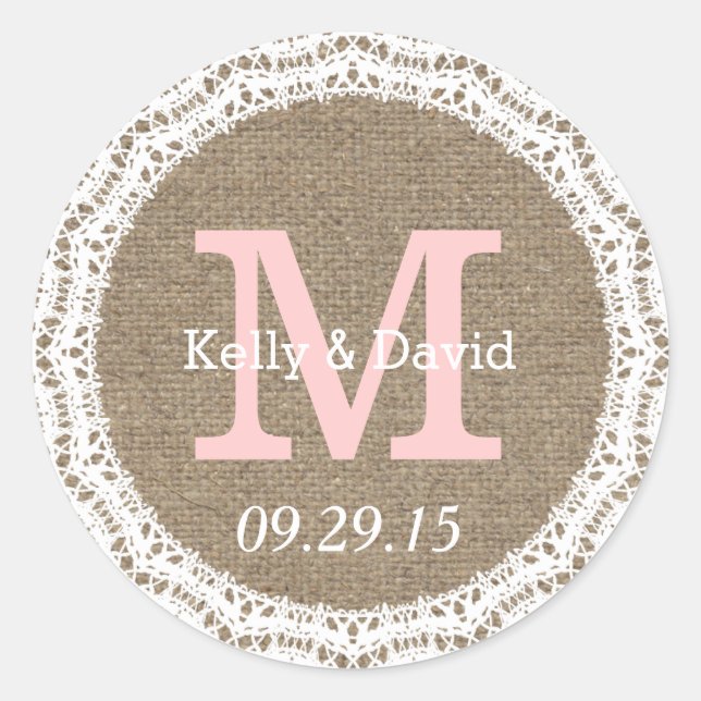 Rustic Lace & Burlap Wedding Favor Stickers (Front)