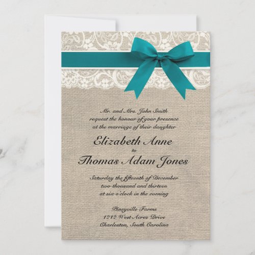 Rustic Lace Burlap Wedding Invitation Turquoise