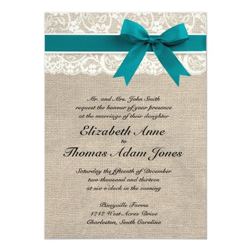 Rustic Lace Burlap Wedding Invitation Turquoise | Zazzle