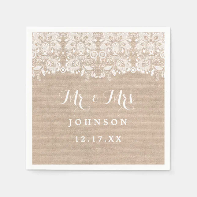 Rustic Lace Burlap Wedding Paper Napkins | Zazzle