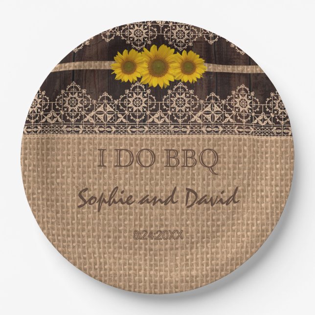 Rustic Lace Burlap Wood I DO BBQ Paper Plates (Front)