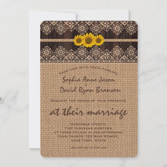 Rustic Lace Burlap Wood Wedding Invitation (Front)