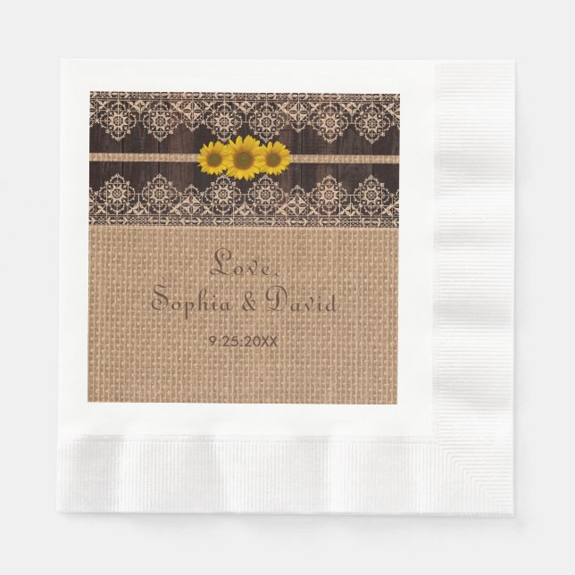 Rustic Lace Burlap Wood Wedding Napkins (Front)