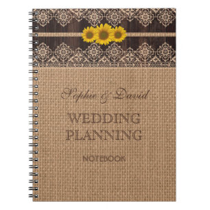 Rustic Lace Burlap Wood Wedding Planner Notebook