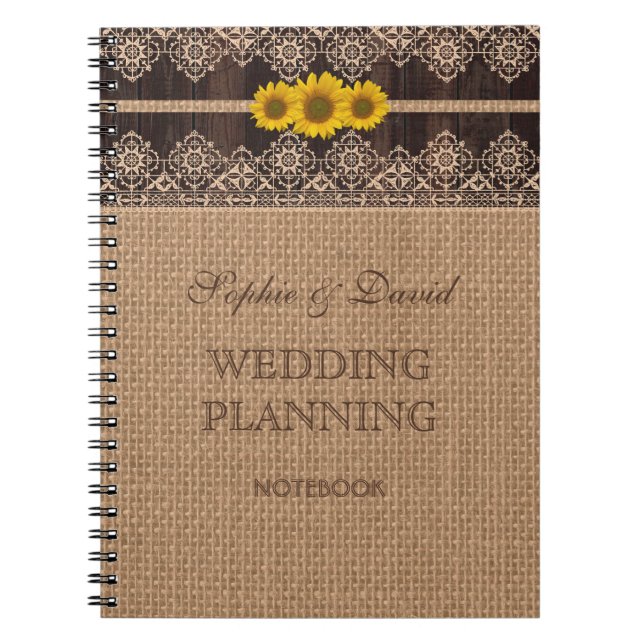 Rustic Lace Burlap Wood Wedding Planner Notebook (Front)