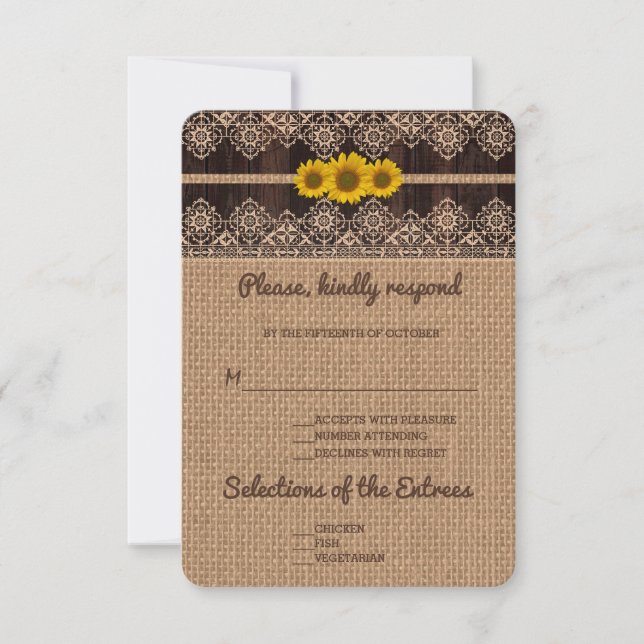 Rustic Lace Burlap Wood Wedding RSVP Card (Front)