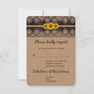Rustic Lace Burlap Wood Wedding RSVP Card
