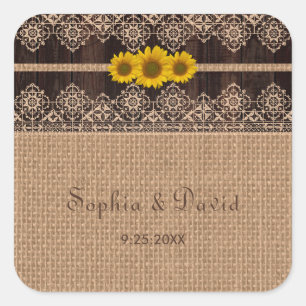 Rustic Lace Burlap Wood Wedding Square Sticker